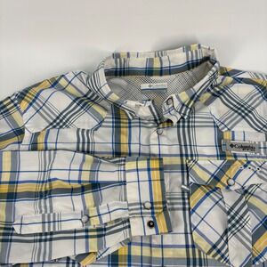 Columbia PFG Mens Large Plaid Western Snap Fishing Shirt White Blue Yellow L/G
